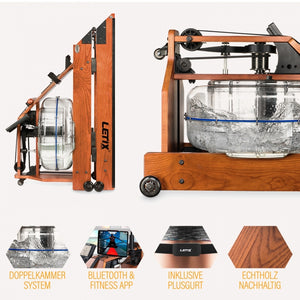 Rameur à eau connecté en bois avec système à double chambre