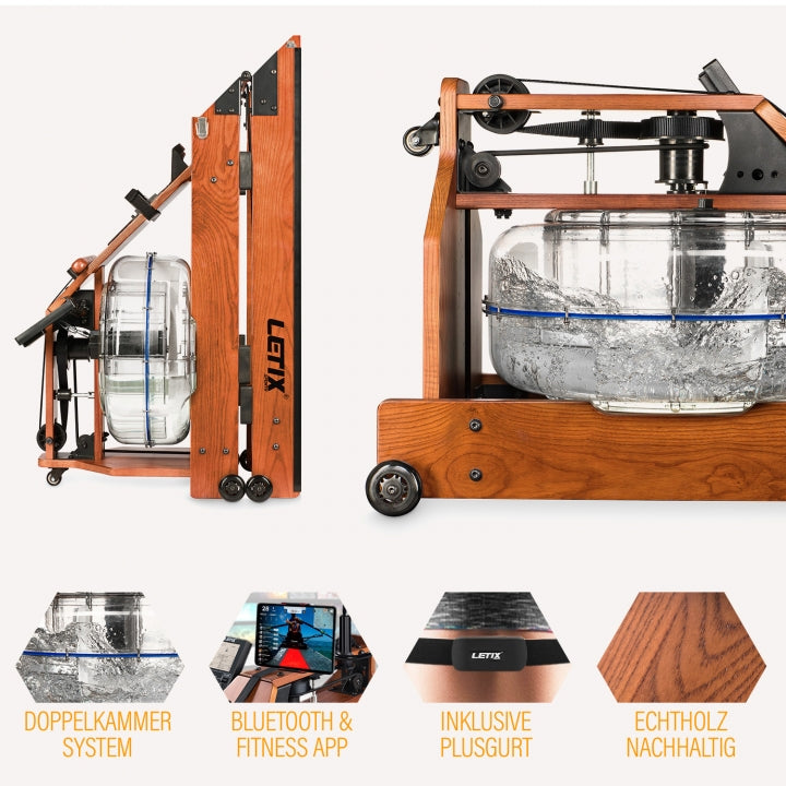 Rameur à eau connecté en bois avec système à double chambre